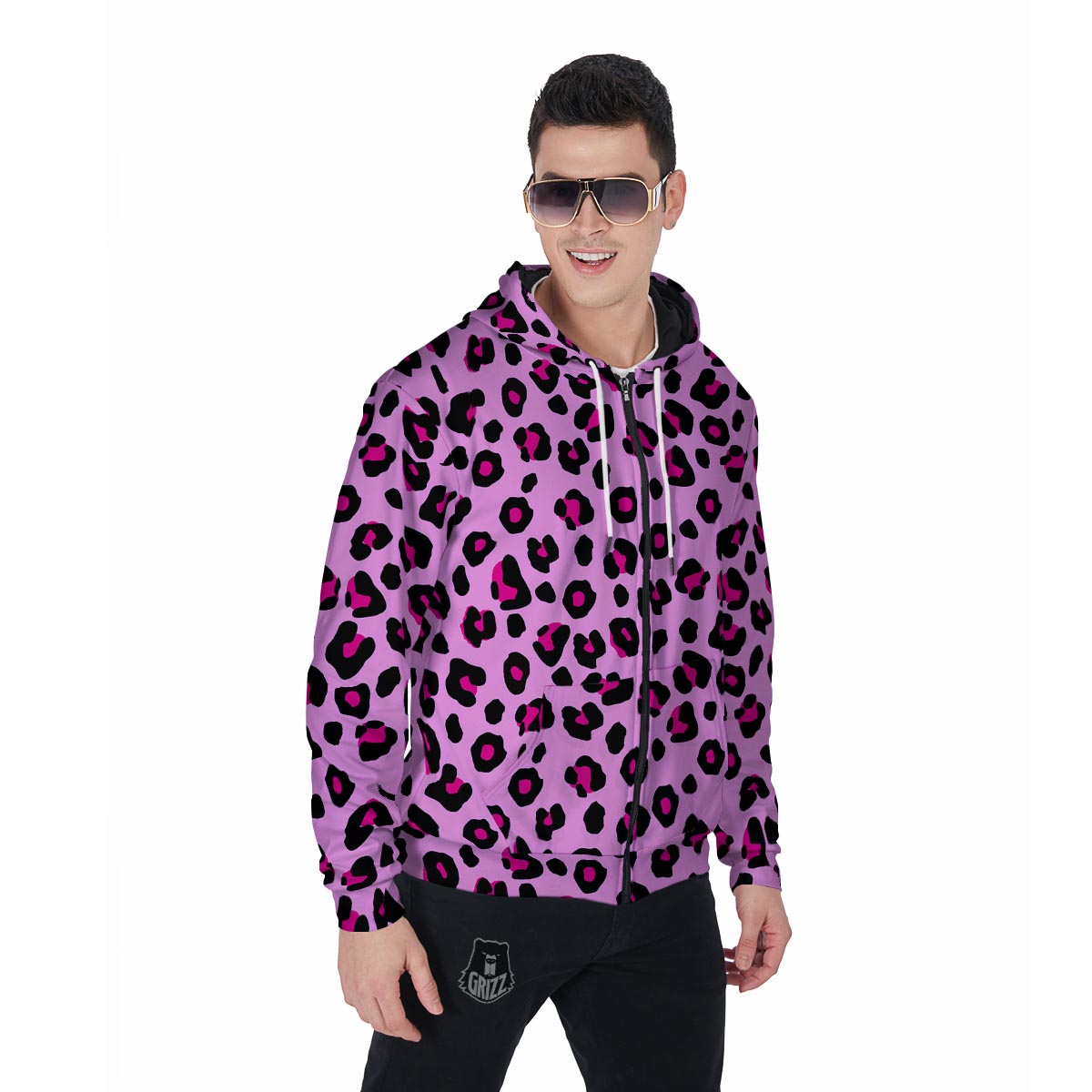 Pink Leopard Men's Zip Up Hoodie-grizzshop