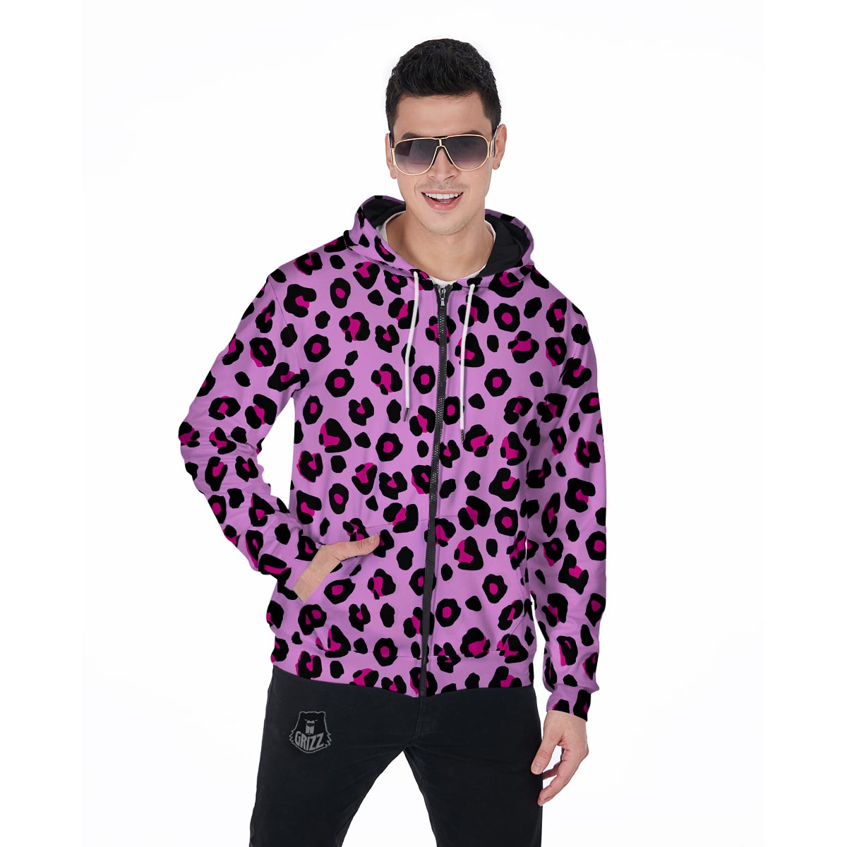 Pink Leopard Men's Zip Up Hoodie-grizzshop