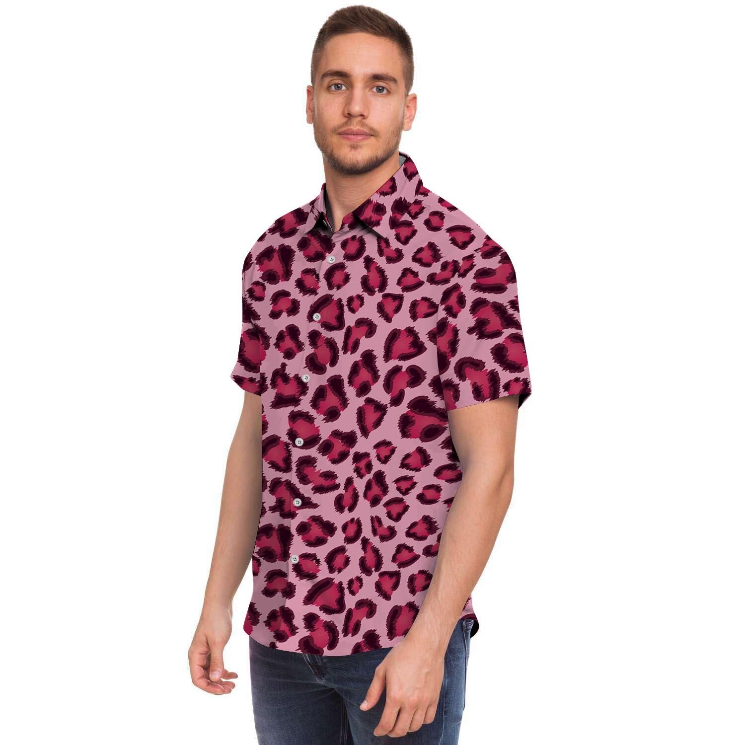 Pink Leopard Print Men's Short Sleeve Shirt-grizzshop