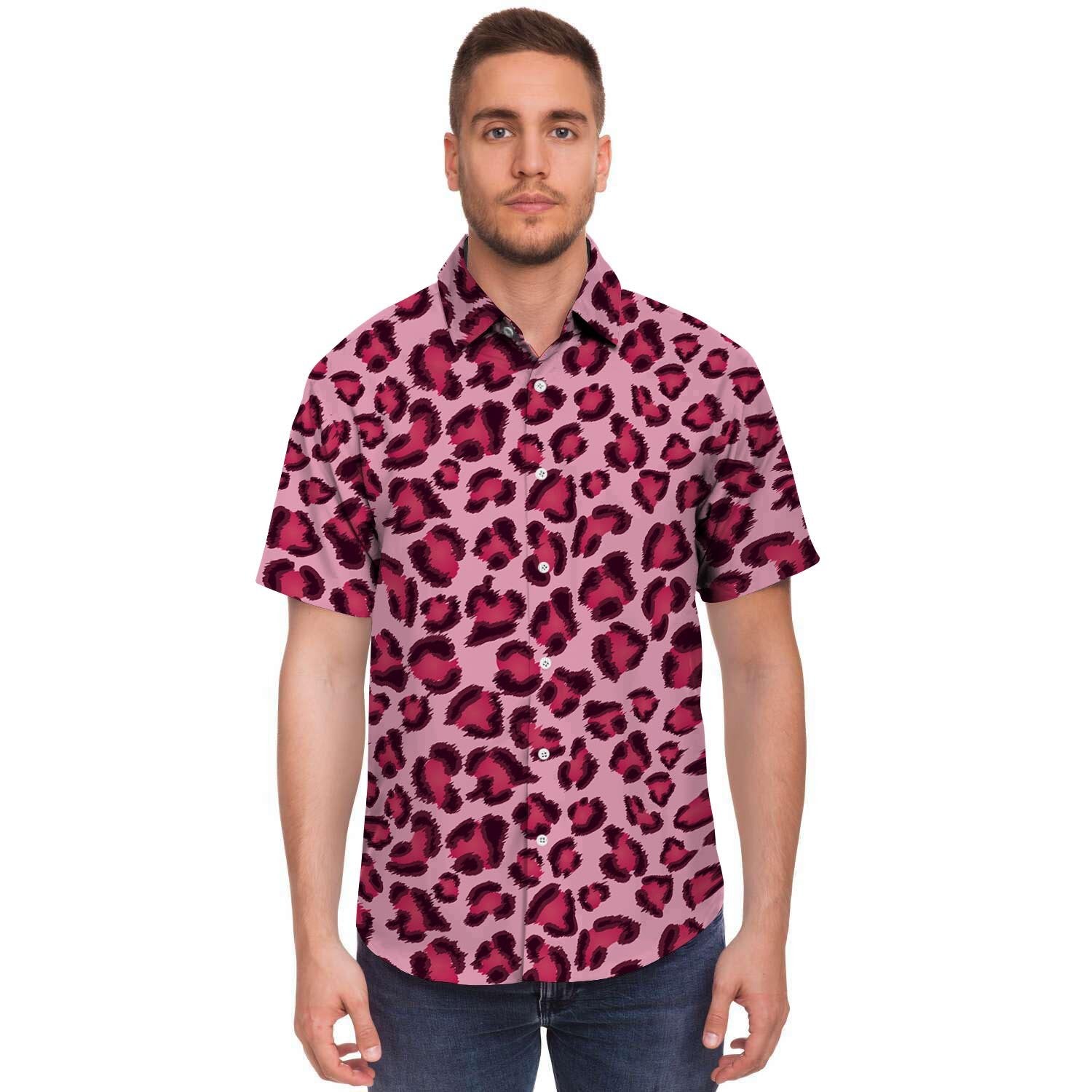 Pink Leopard Print Men's Short Sleeve Shirt-grizzshop