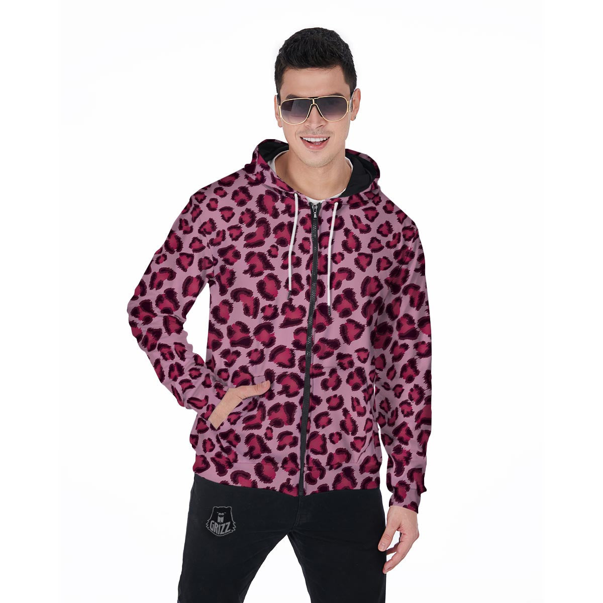 Pink Leopard Print Men's Zip Up Hoodie-grizzshop