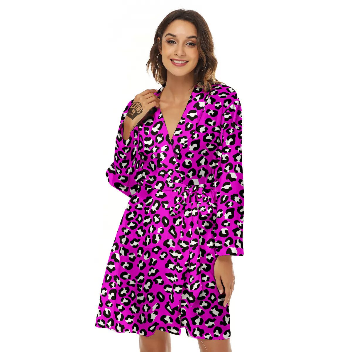 Pink Leopard Print Pattern Women's Robe-grizzshop