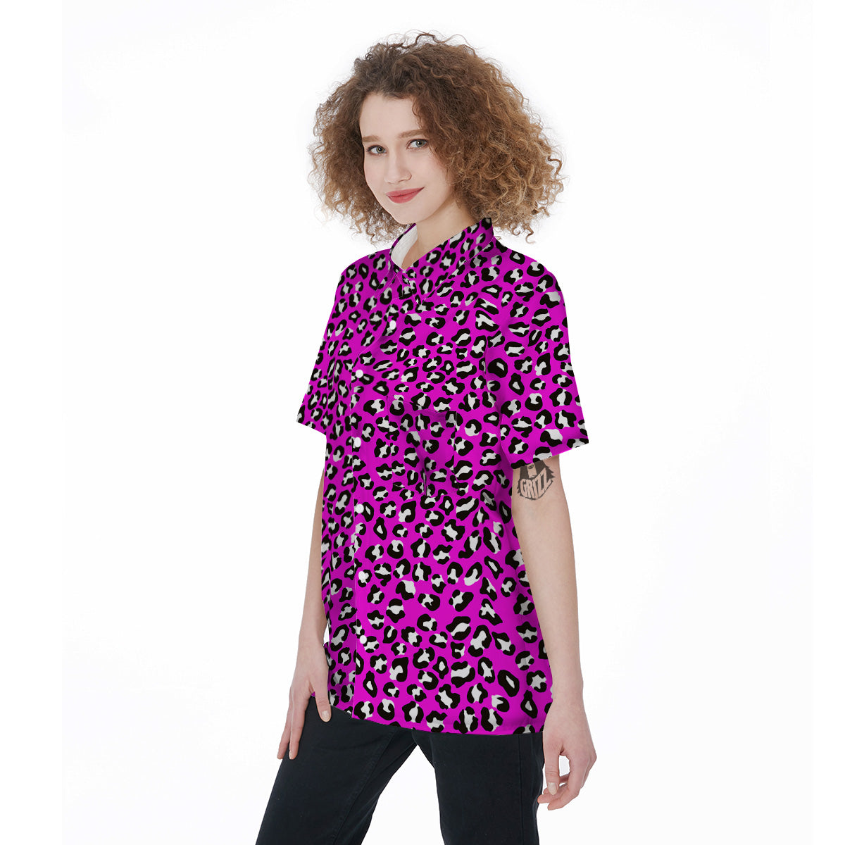 Pink Leopard Print Pattern Women's Short Sleeve Shirts-grizzshop