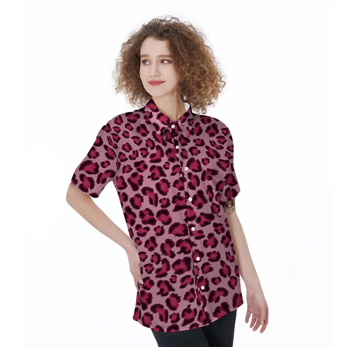 Pink Leopard Print Women's Short Sleeve Shirts-grizzshop