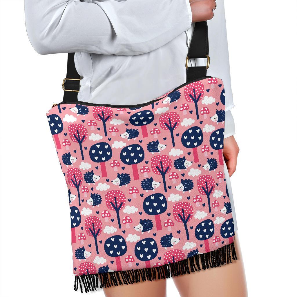 Pink Mushroom Three Hedgehogs Crossbody Bags-grizzshop