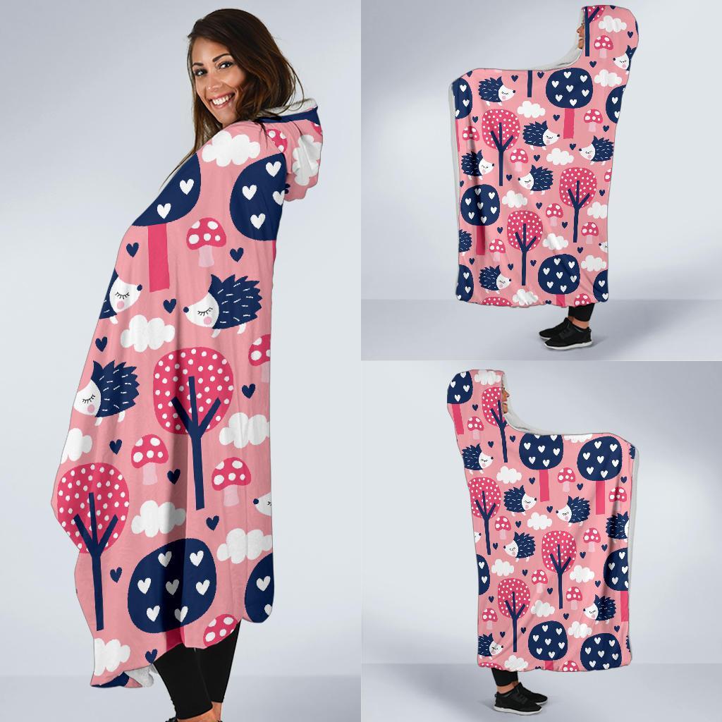 Pink Mushroom Three Hedgehogs Hooded Blanket-grizzshop