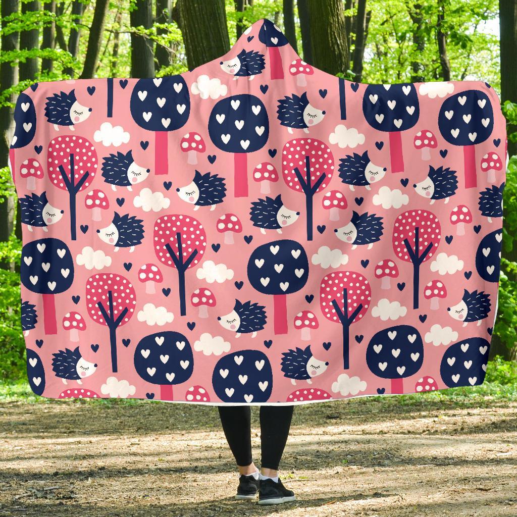 Pink Mushroom Three Hedgehogs Hooded Blanket-grizzshop