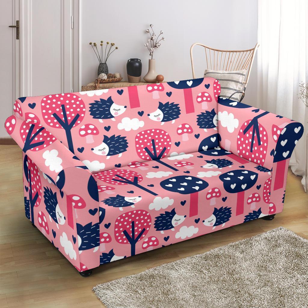 Pink Mushroom Three Hedgehogs Loveseat Cover-grizzshop