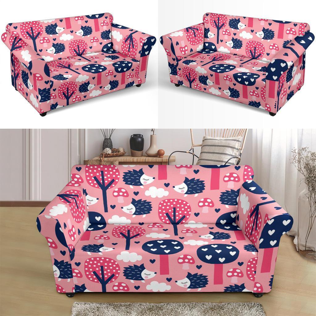 Pink Mushroom Three Hedgehogs Loveseat Cover-grizzshop