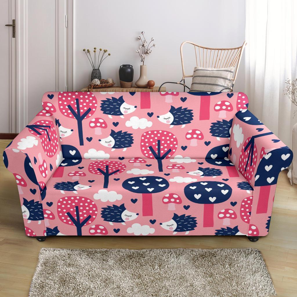 Pink Mushroom Three Hedgehogs Loveseat Cover-grizzshop