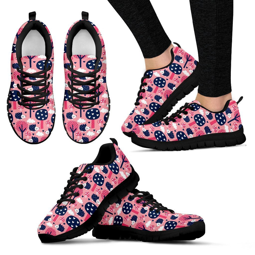 Pink Mushroom Three Hedgehogs Pattern Print Black Sneaker Shoes For Men Women-grizzshop