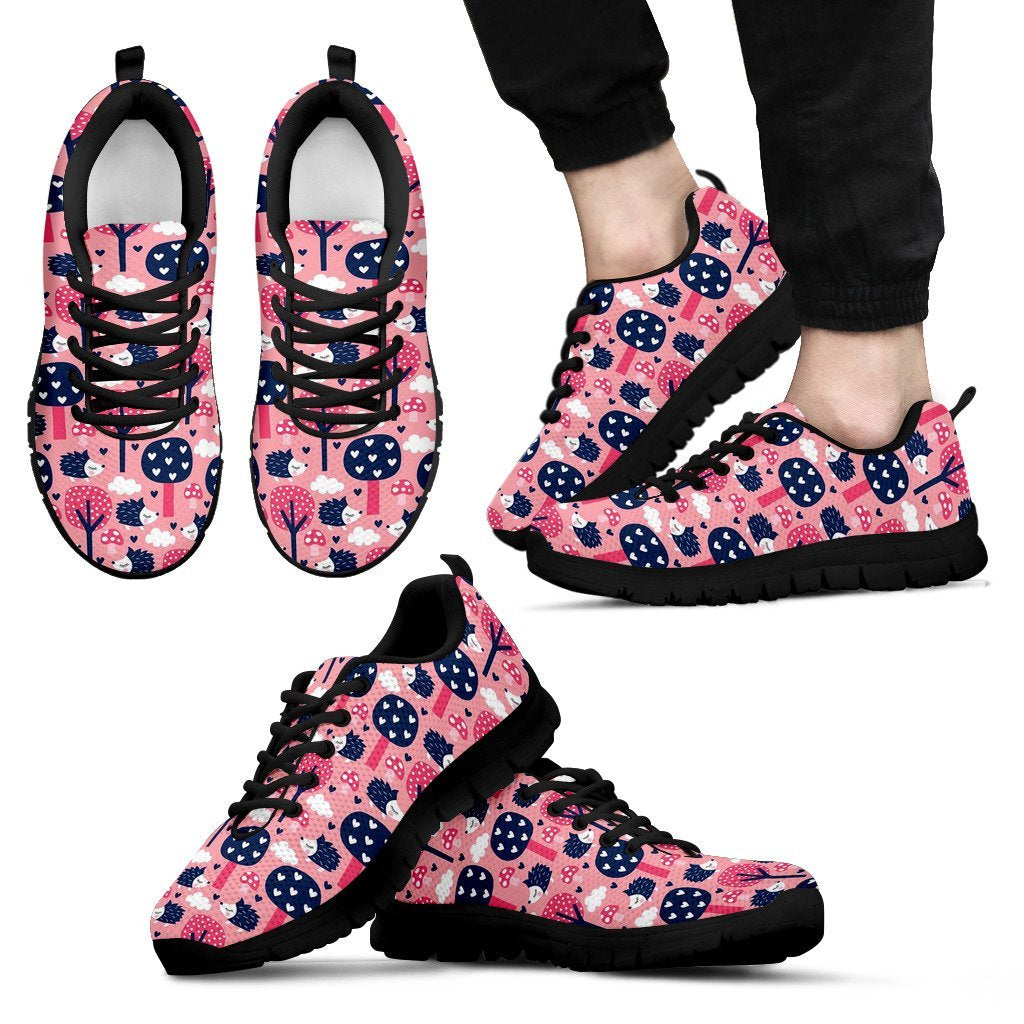 Pink Mushroom Three Hedgehogs Pattern Print Black Sneaker Shoes For Men Women-grizzshop