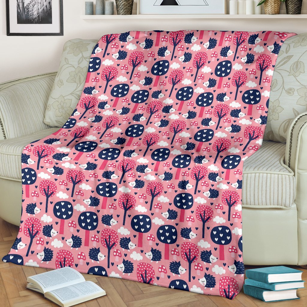 Pink Mushroom Three Hedgehogs Pattern Print Blanket-grizzshop