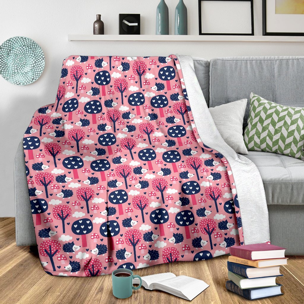 Pink Mushroom Three Hedgehogs Pattern Print Blanket-grizzshop