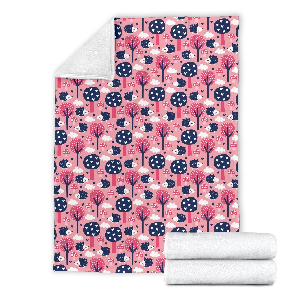 Pink Mushroom Three Hedgehogs Pattern Print Blanket-grizzshop