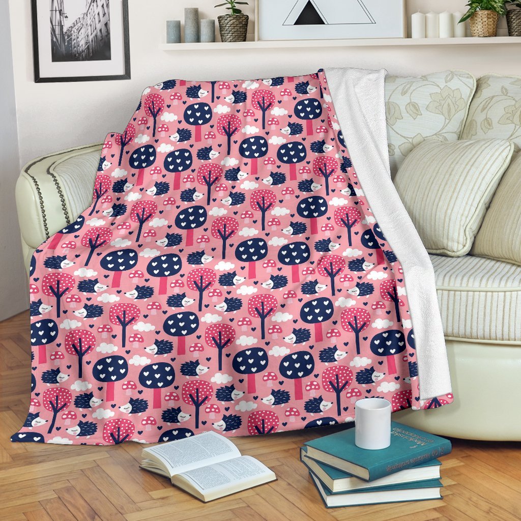 Pink Mushroom Three Hedgehogs Pattern Print Blanket-grizzshop