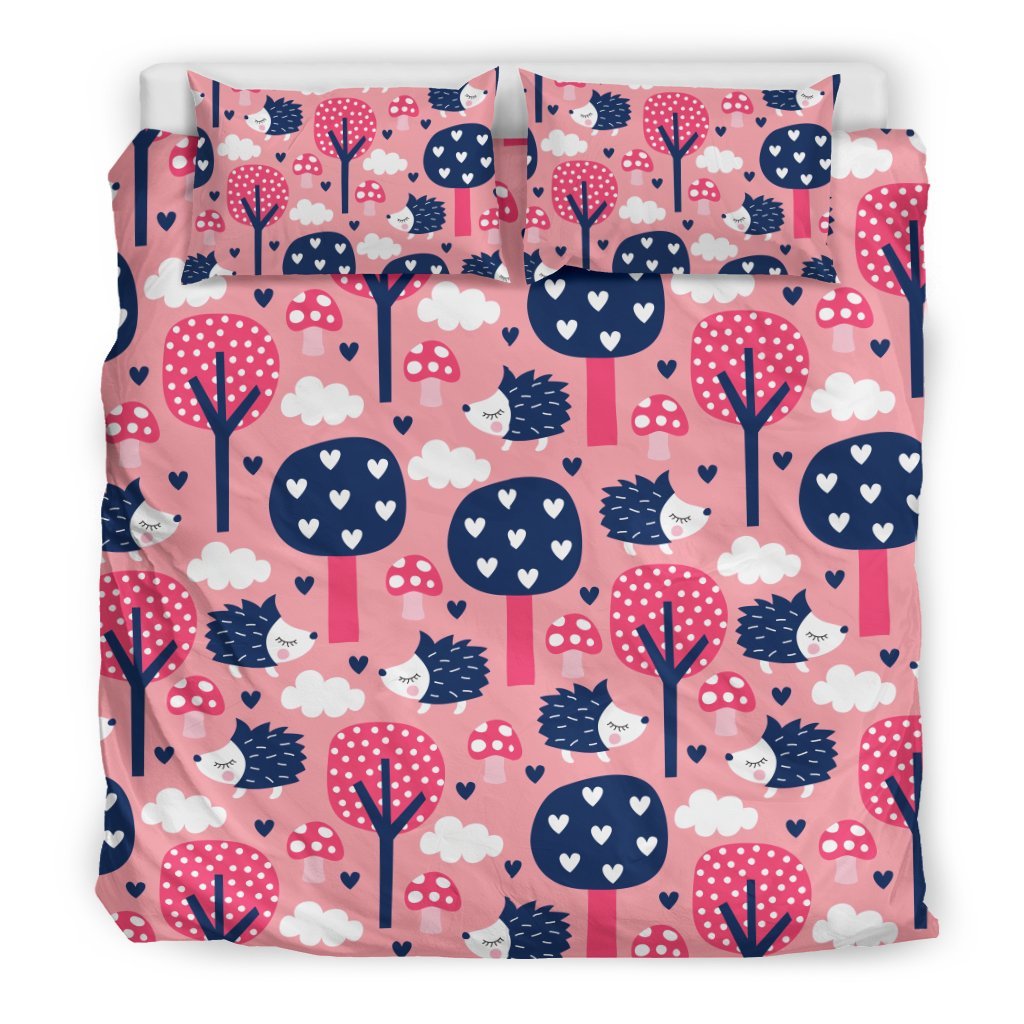 Pink Mushroom Three Hedgehogs Pattern Print Duvet Cover Bedding Set-grizzshop