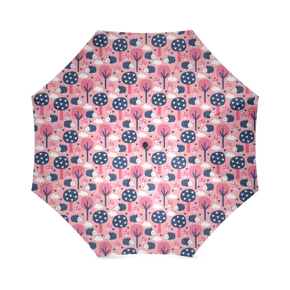 Pink Mushroom Three Hedgehogs Pattern Print Foldable Umbrella-grizzshop