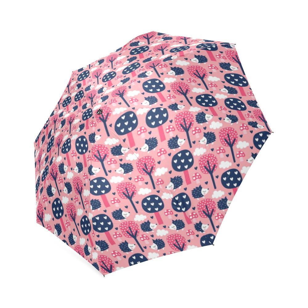 Pink Mushroom Three Hedgehogs Pattern Print Foldable Umbrella-grizzshop