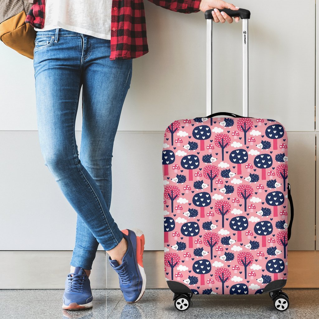 Pink Mushroom Three Hedgehogs Pattern Print Luggage Cover Protector-grizzshop