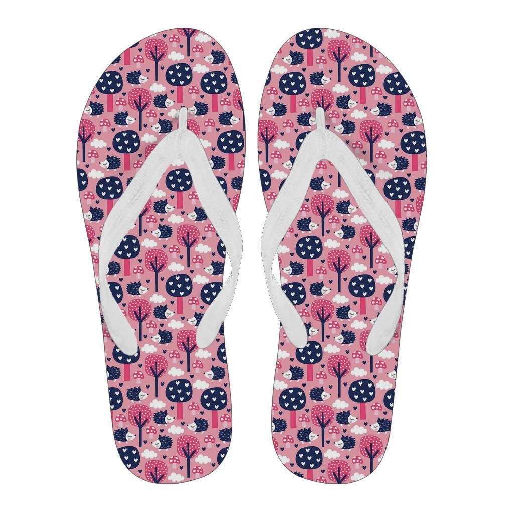 Pink Mushroom Three Hedgehogs Pattern Print Men & Women Flip Flops-grizzshop