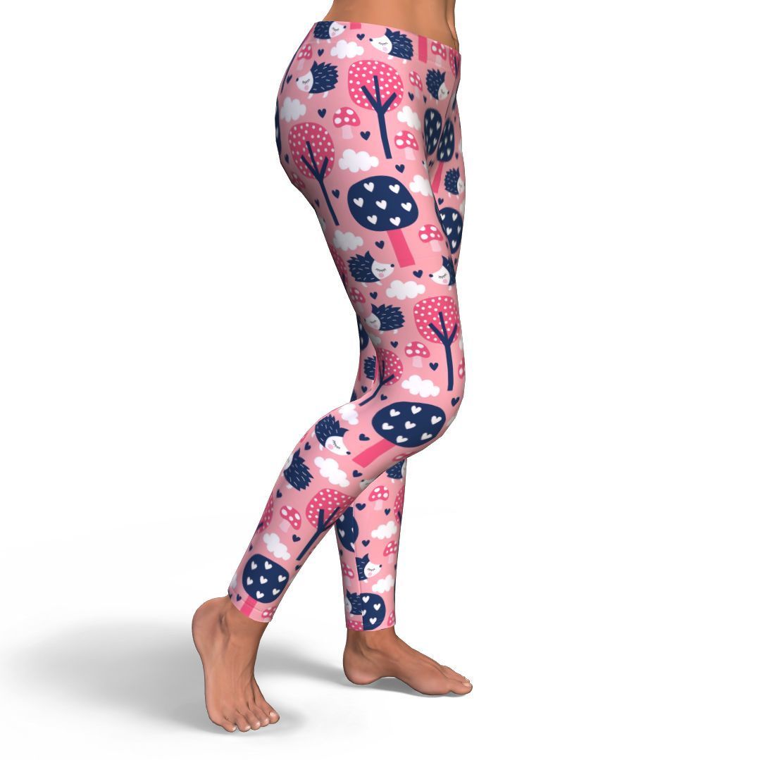 Pink Mushroom Three Hedgehogs Pattern Print Pattern Women Leggings-grizzshop