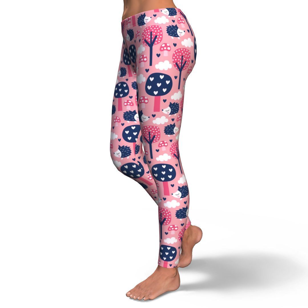 Pink Mushroom Three Hedgehogs Pattern Print Pattern Women Leggings-grizzshop