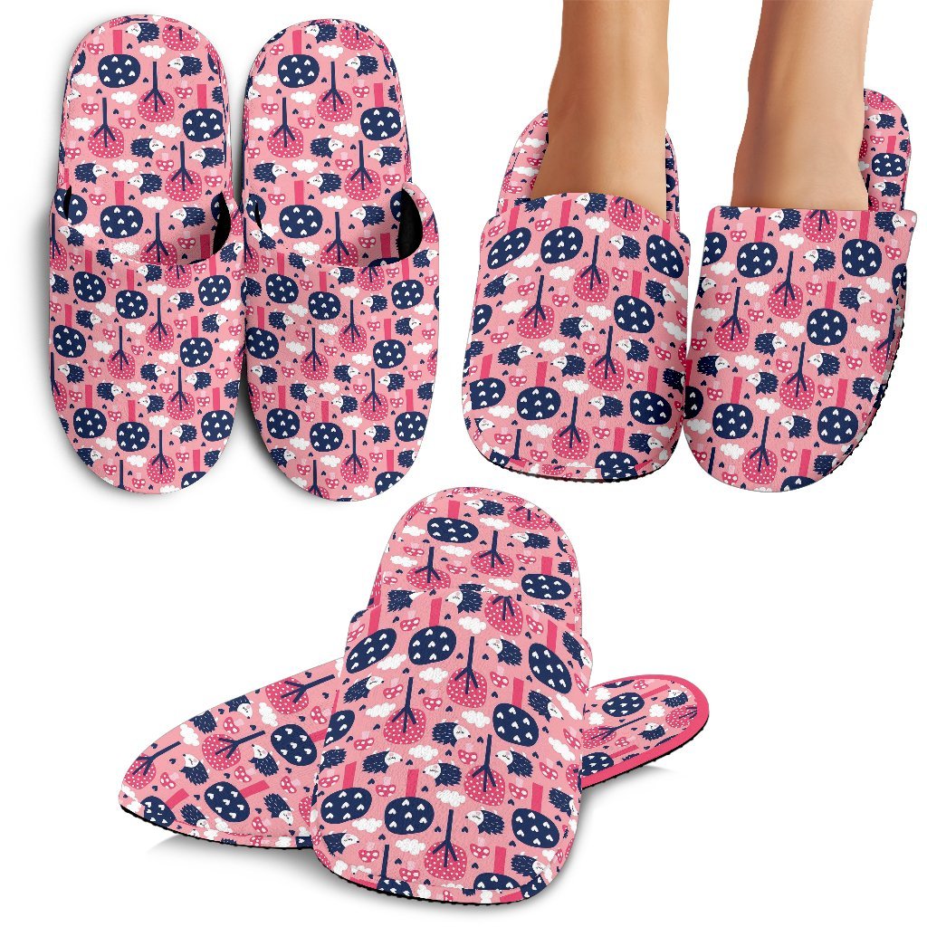 Pink Mushroom Three Hedgehogs Pattern Print Premium Home Slippers-grizzshop