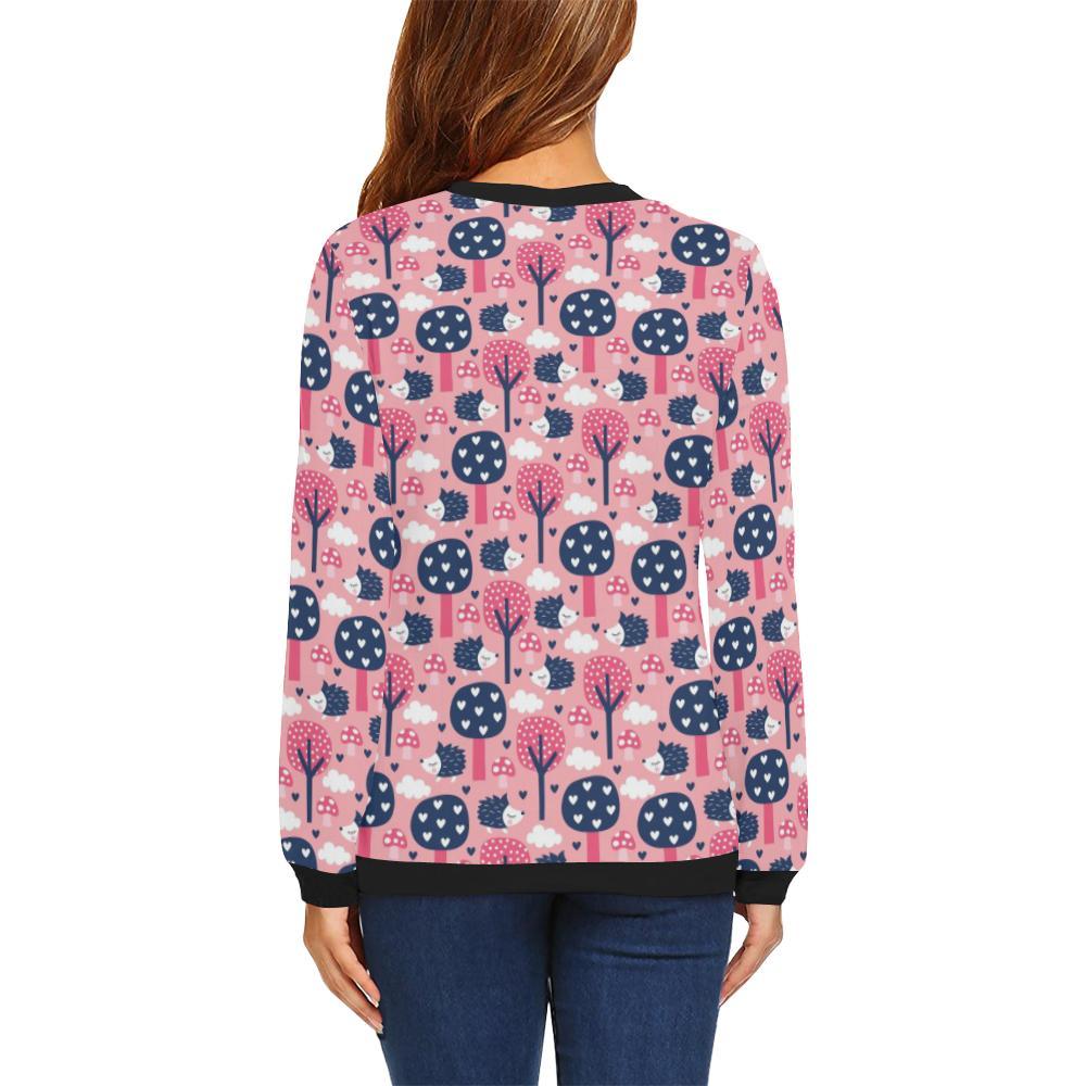 Pink Mushroom Three Hedgehogs Pattern Print Women Crewneck Sweatshirt-grizzshop