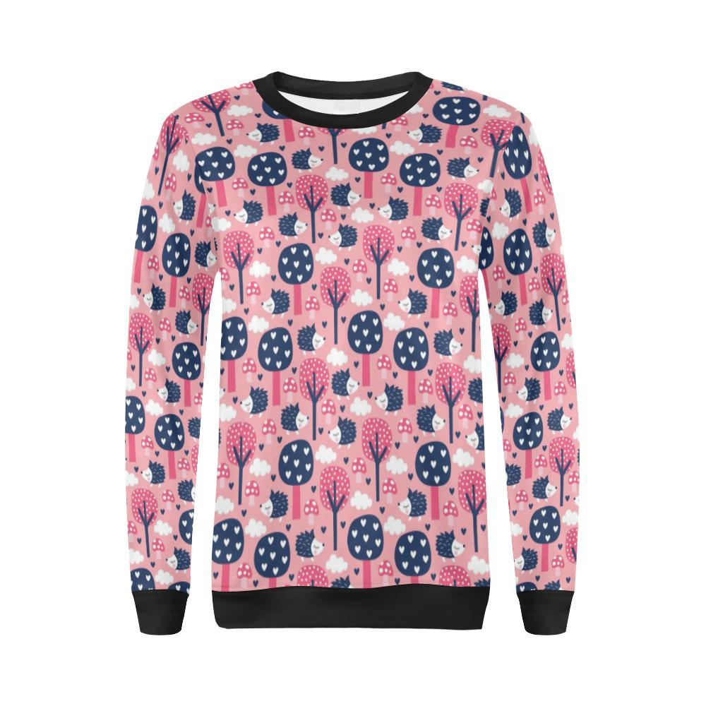 Pink Mushroom Three Hedgehogs Pattern Print Women Crewneck Sweatshirt-grizzshop