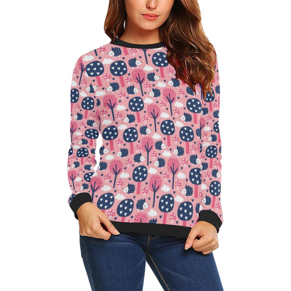 Pink Mushroom Three Hedgehogs Pattern Print Women Crewneck Sweatshirt-grizzshop