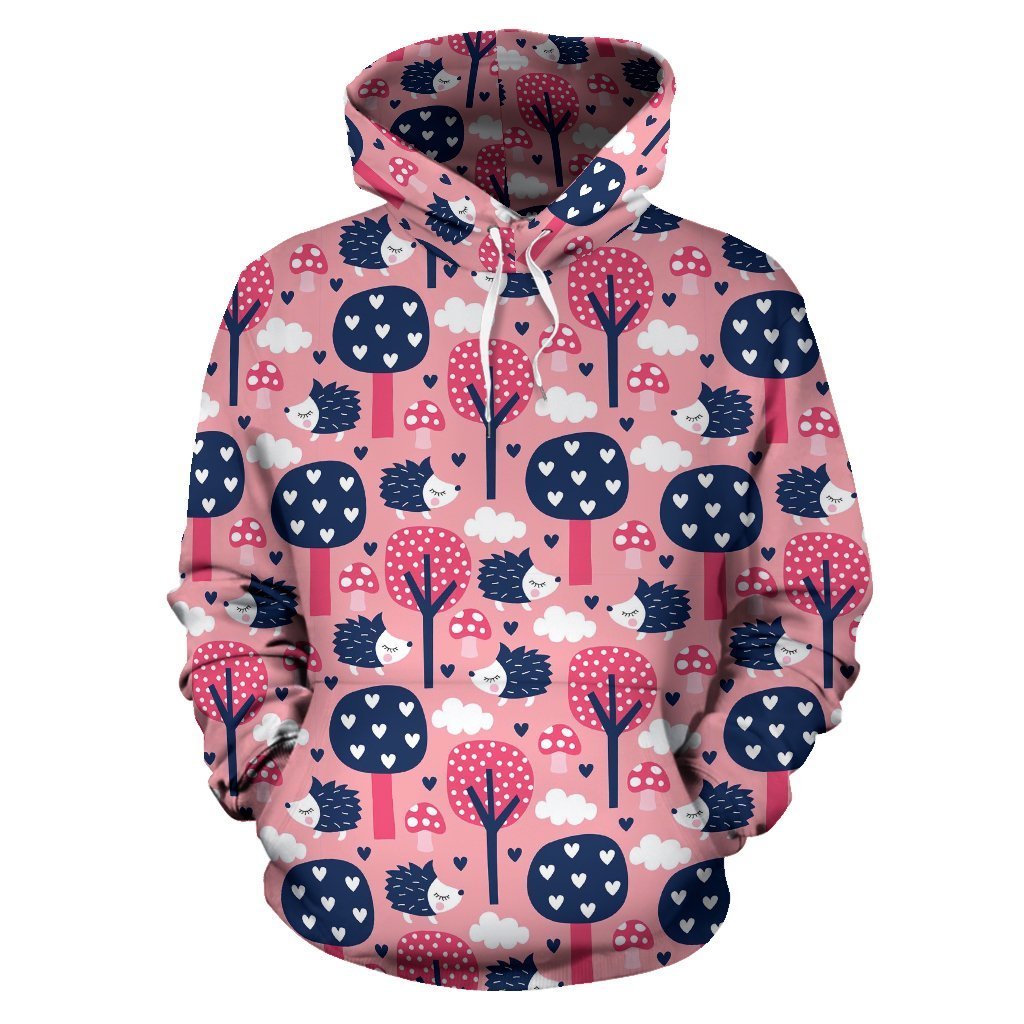 Pink Mushroom Three Hedgehogs Pattern Print Women Men Pullover Hoodie-grizzshop