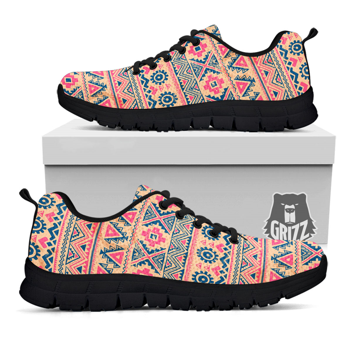 Pink Native Tribal Print Pattern Black Sneaker-grizzshop