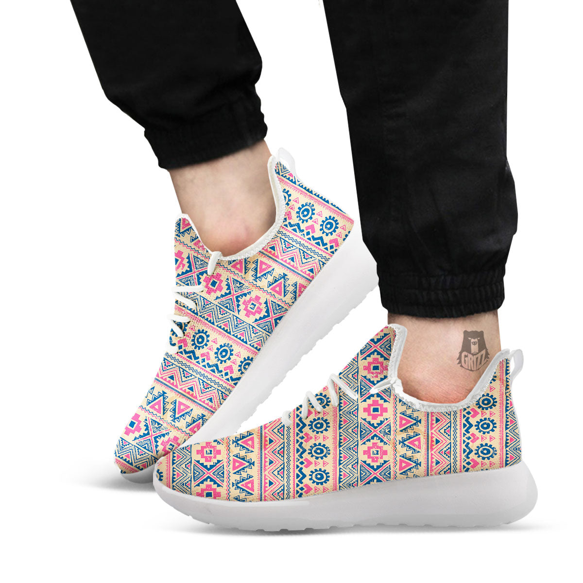 Pink Native Tribal Print Pattern White Athletic Shoes-grizzshop