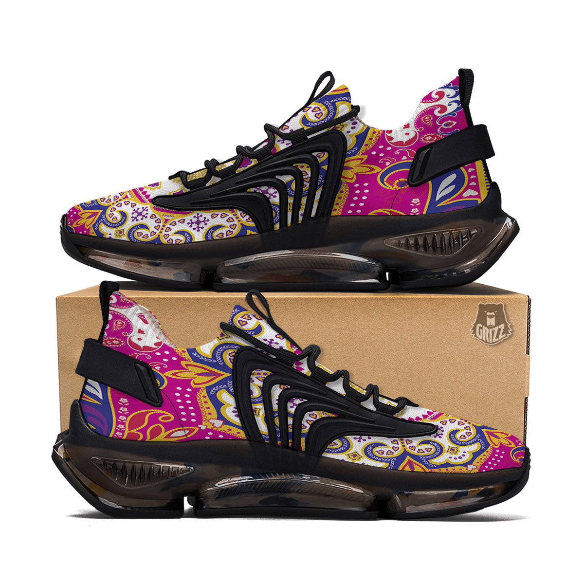 Pink Paisley And Mandala Print Black Gym Shoes-grizzshop