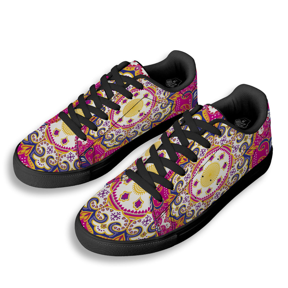Pink Paisley And Mandala Print Black Low Top Sneakers-grizzshop