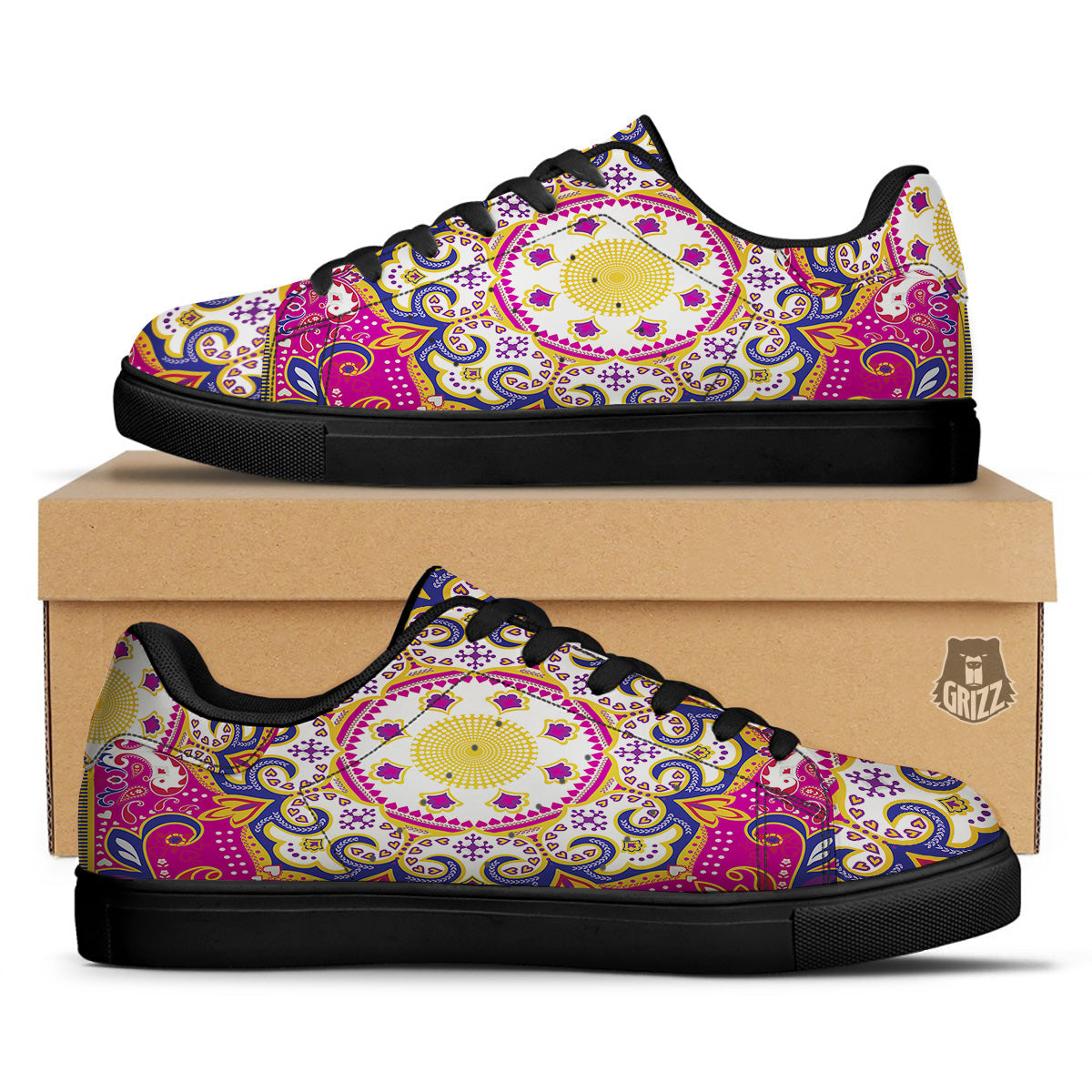 Pink Paisley And Mandala Print Black Low Top Sneakers-grizzshop