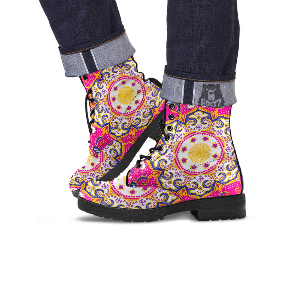 Pink Paisley And Mandala Print Leather Boots-grizzshop