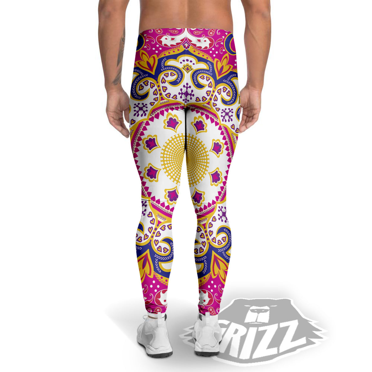 Pink Paisley And Mandala Print Men's Leggings-grizzshop