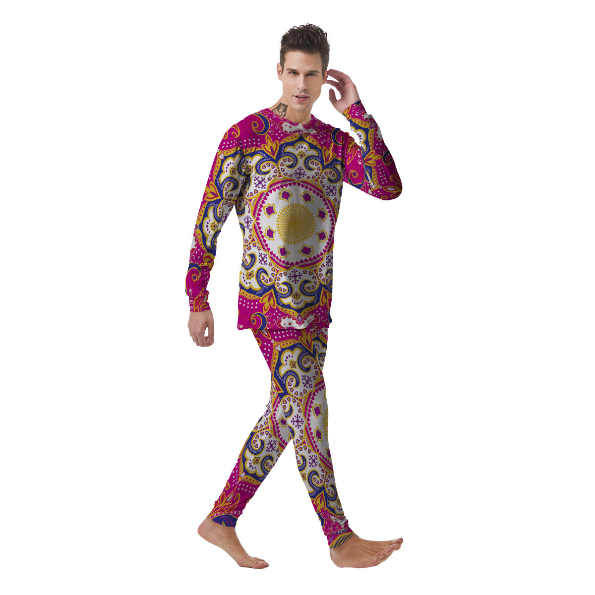 Pink Paisley And Mandala Print Men's Pajamas-grizzshop