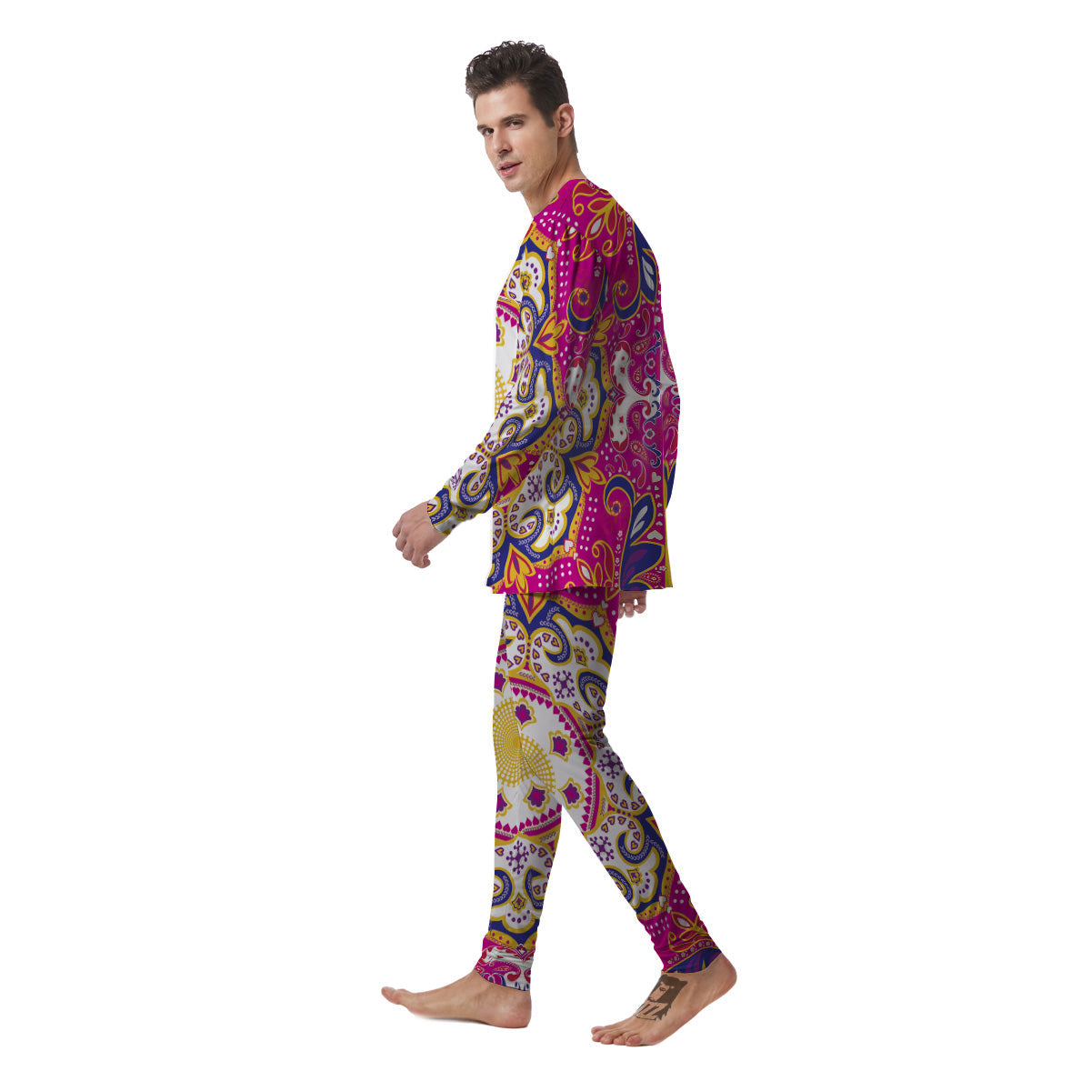 Pink Paisley And Mandala Print Men's Pajamas-grizzshop