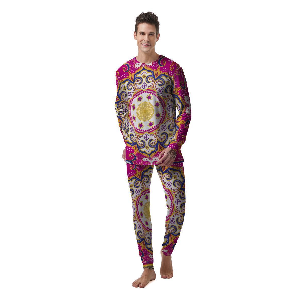 Pink Paisley And Mandala Print Men's Pajamas-grizzshop