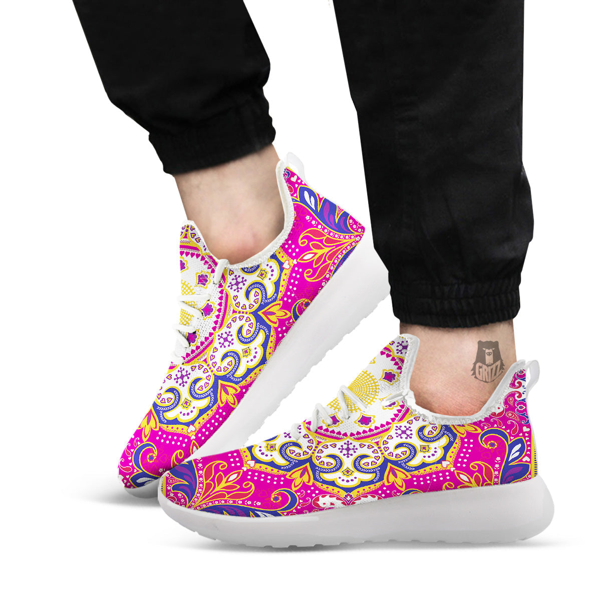Pink Paisley And Mandala Print White Athletic Shoes-grizzshop