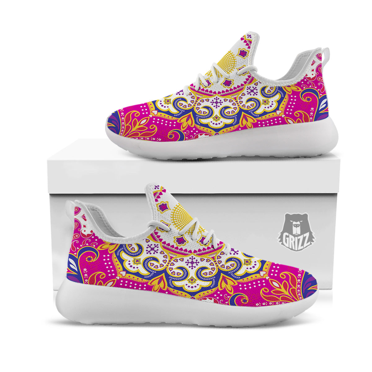 Pink Paisley And Mandala Print White Athletic Shoes-grizzshop