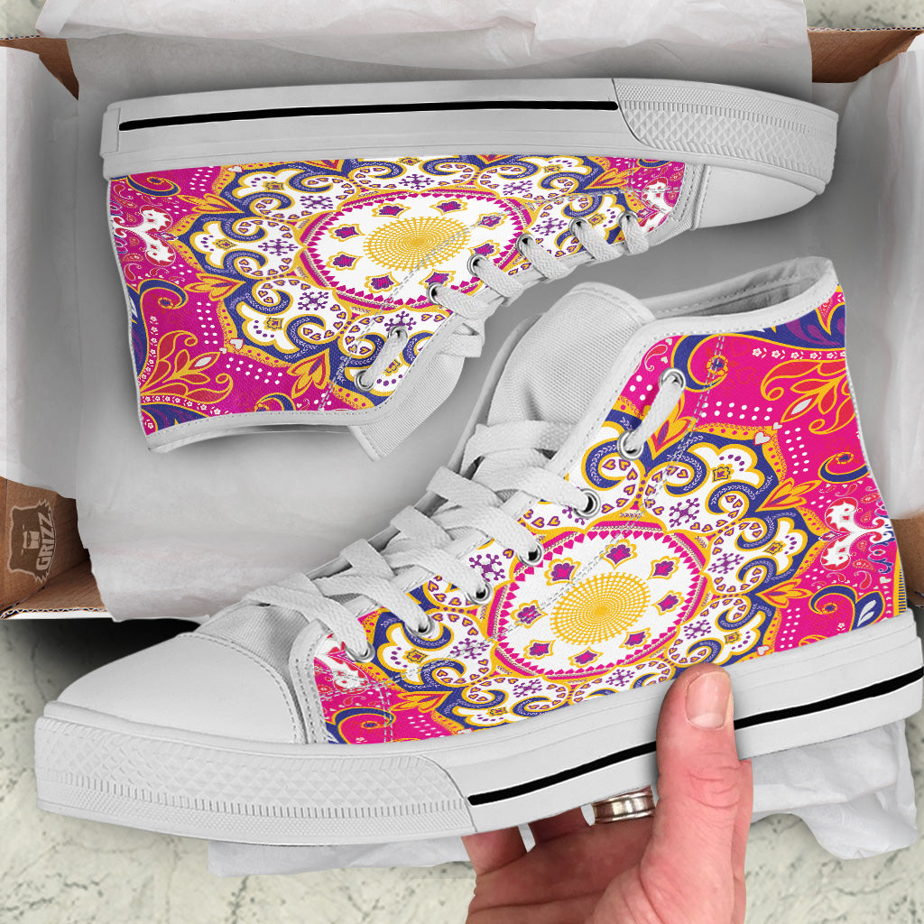 Pink Paisley And Mandala Print White High Top Shoes-grizzshop