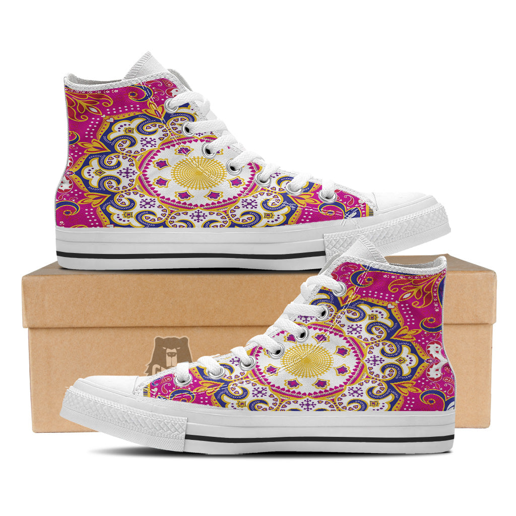 Pink Paisley And Mandala Print White High Top Shoes-grizzshop