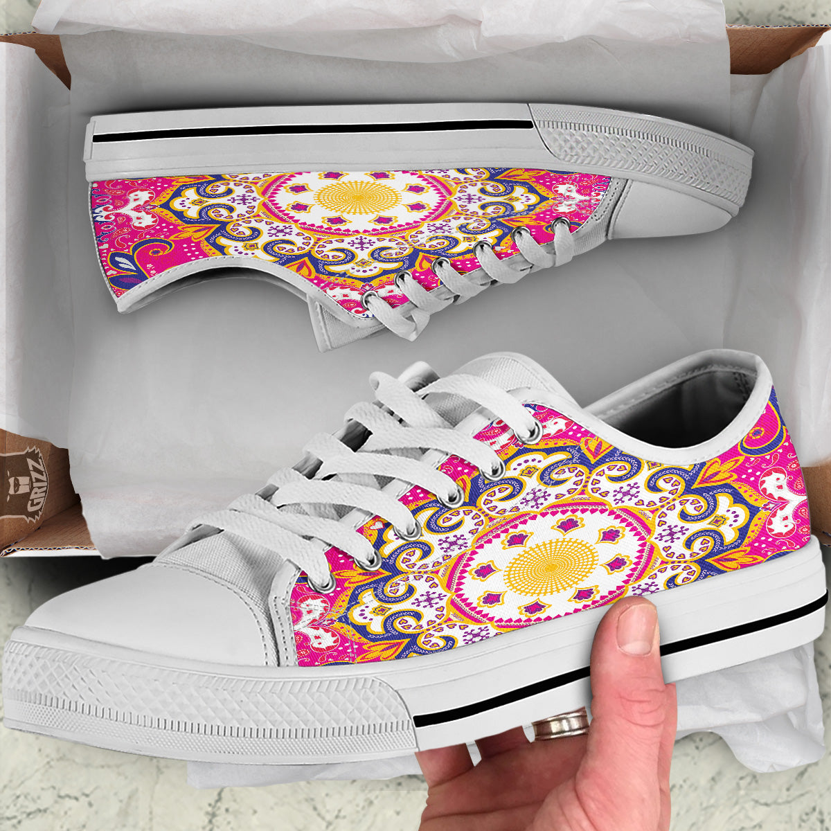 Pink Paisley And Mandala Print White Low Top Shoes-grizzshop