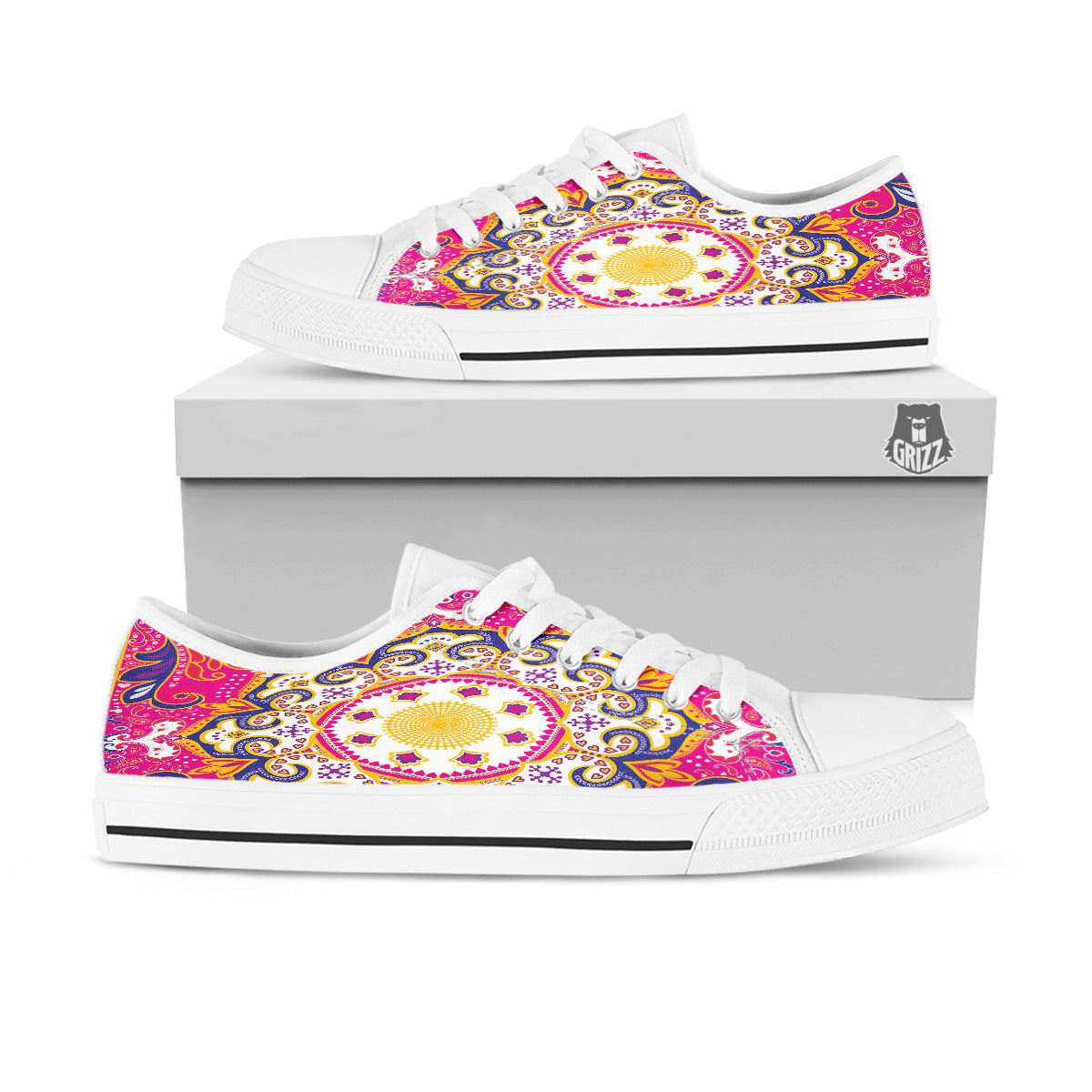 Pink Paisley And Mandala Print White Low Top Shoes-grizzshop