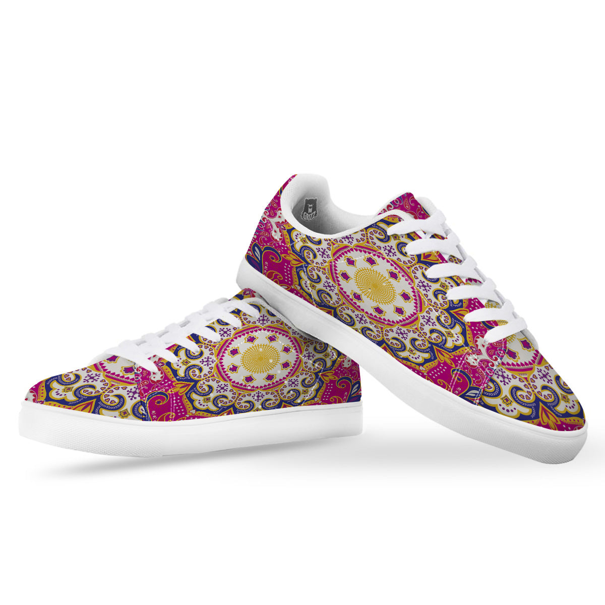 Pink Paisley And Mandala Print White Low Top Sneakers-grizzshop