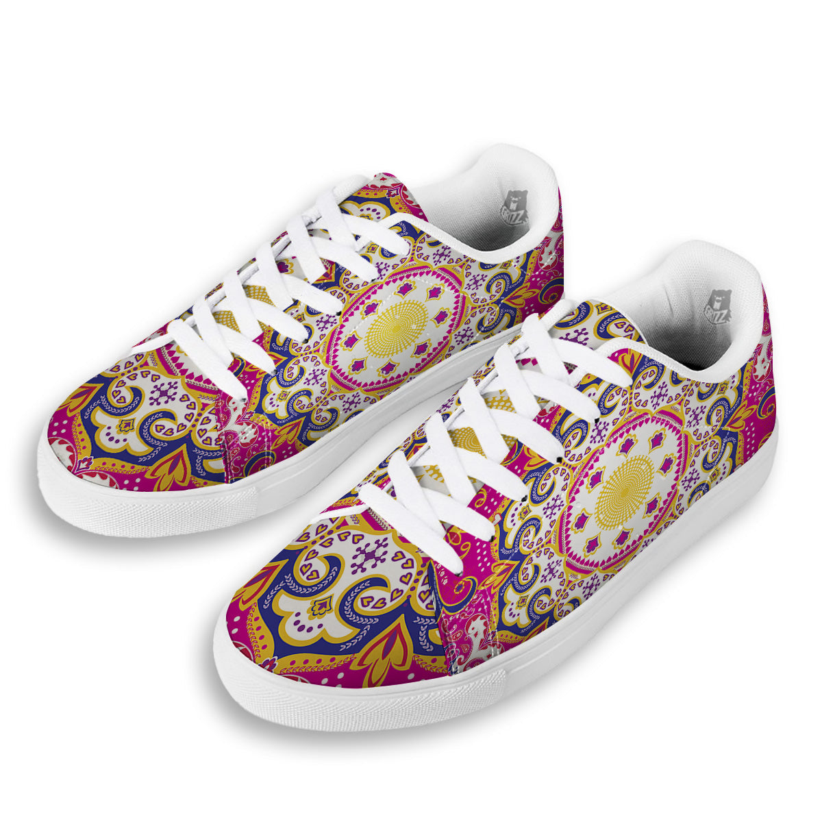 Pink Paisley And Mandala Print White Low Top Sneakers-grizzshop